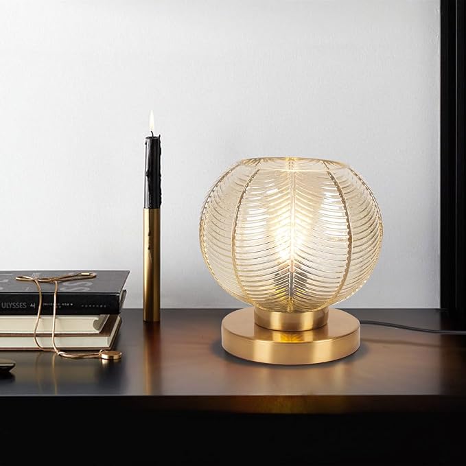 Modern Table lamp Gold Desk lamp with Amber Ribbed Glass Shade nightstand Lamps Small Table lamp Bedside Table lamp for Bedroom Living Room Office