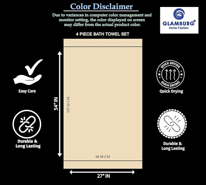 GLAMBURG Premium Cotton 4 Pack Bath Towel Set - 100% Pure Cotton - 4 Bath Towels 27x54 - Ideal for Everyday use - Ultra Soft & Highly Absorbent - Navy
