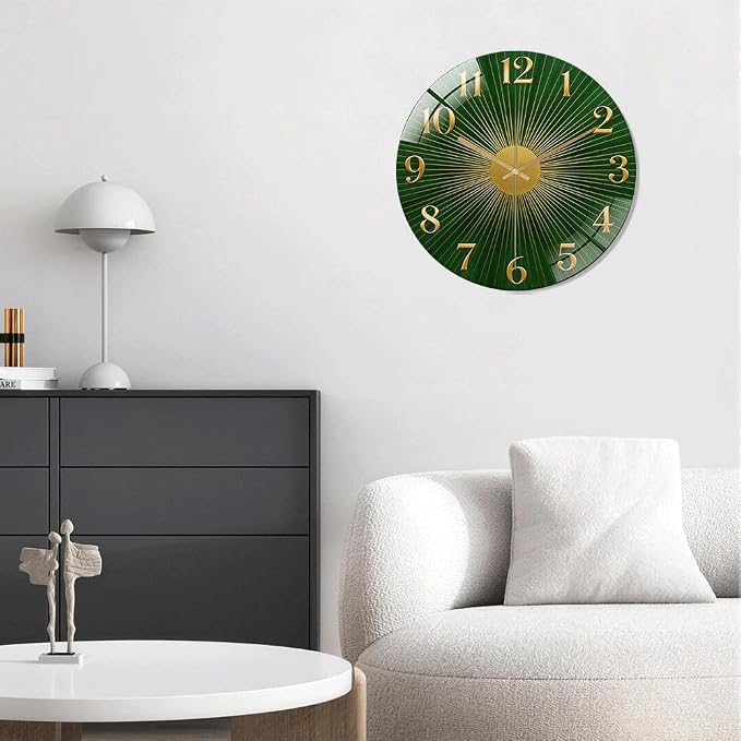 16 Inch Green Sunburst Glass Wall Clock Silent Art Decor | Silent glossy clock with an emerald green sunburst and gold numbers, elegantly tracking time for your living room