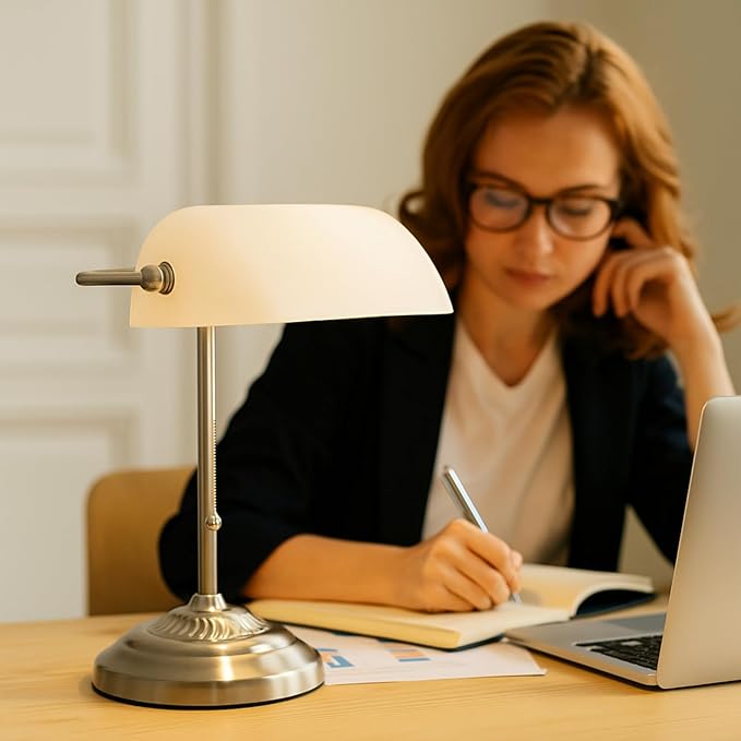 LIGHTACCENTS Bankers Desk Lamp with White Glass Shade, Nickel Finish - Traditional Desk Light for Home Office, Reading, Piano, Bedside