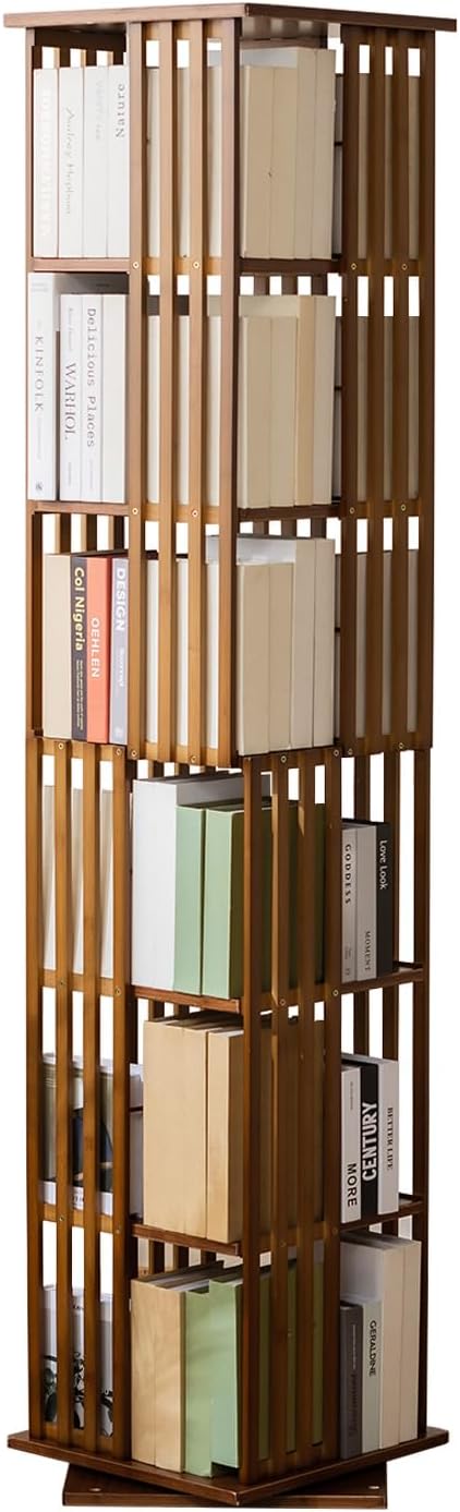 Bamboo Rotating Bookshelf Tower, 360° Spinning Bookcase, 6-Tier Narrow Floor Standing Storage Rack for Corner, Office, Room (Walnut)
