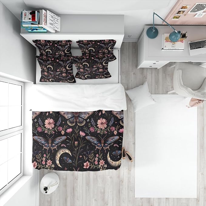 Dark Botanical Butterfly Duvet Covers Twin Size Fantasy Butterflies Fairy Monarch Inspiration Animal Dreamlike Night Garden Theme Comforter Cover 3 Piece Duvet Cover+2 Pillowcases 68"x88"