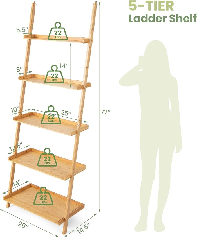 Tangkula 5-Tier Ladder Shelf Bookcase, Bamboo 72”H Wall-Leaning Bookshelf with Baffles and Anti-Tipping Kits, Plant Stand for Living Room Bathroom Home Office Decor, Ladder Bookshelf, Natural