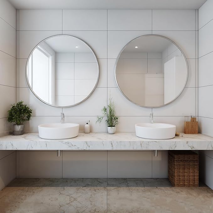 Sunniry Silver Round Mirror 24 inch, 2 Pack Silver Circle Mirror, Round Bathroom Mirrors Metal Frame for Bathroom, Bedroom, Living Room, Hallway.