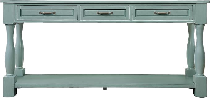 Merax Retro Console Table with 4 Drawers for Entryway, Sofa Table with Open Storage Shelf, Wood Side Table with Thick Legs for Living Room Bedroom, Retro Blue