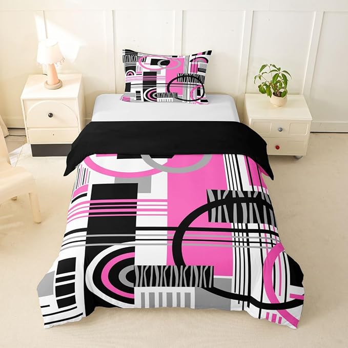 Art Deco Mid Century Duvet Cover Set Retro Modern Abstract Geometric Girl Toddler Bedding Set for Children Boys Black and White Fuchsia Circles Stripes Comforter Cover Contemporary Bed Sets