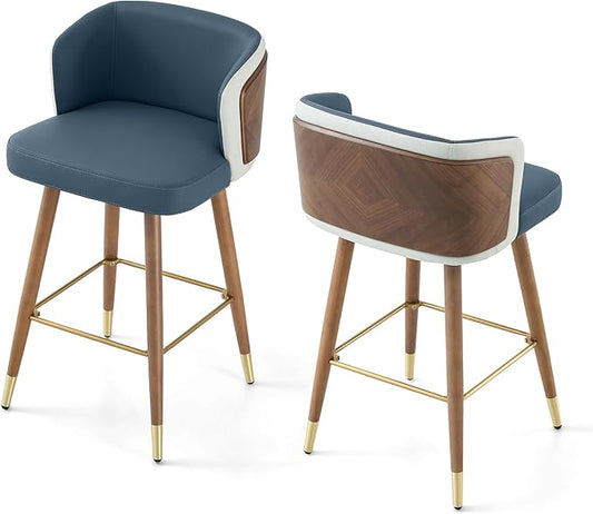 ARTPLAN Mid Century Modern Bar Stools Set of 2 for Counter Height - Leather Upholstered Seat with Walnut Wood Frame, Retro 34 Inch Bar Chairs for Home Kitchen Island, Bar, Breakfast Nook,Navy Blue