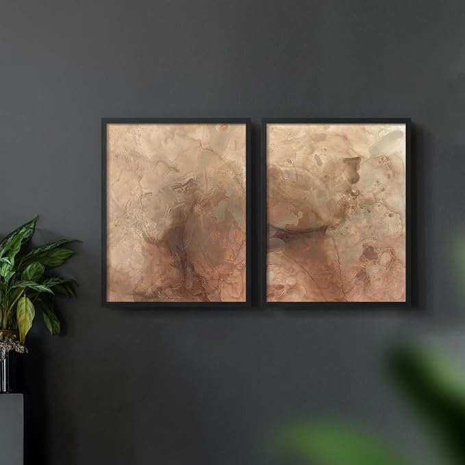 Renditions Gallery Set of 2 Peel & Stick Framed Prints, Abstract Wall Art, Brown Textured Marble Design Re-Stickable - Ready to Hang - 22"x28" - Black Frame LT588