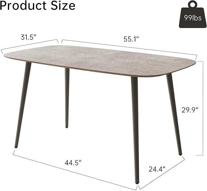 55.1'' Kitchen Dining Table for 4 Persons, Wooden Kitchen Table with Metal Legs, Rustic Farmhouse Style Dining Table Rectangular Dining Table for Kitchen, Dining Room and Living Room (Gray)