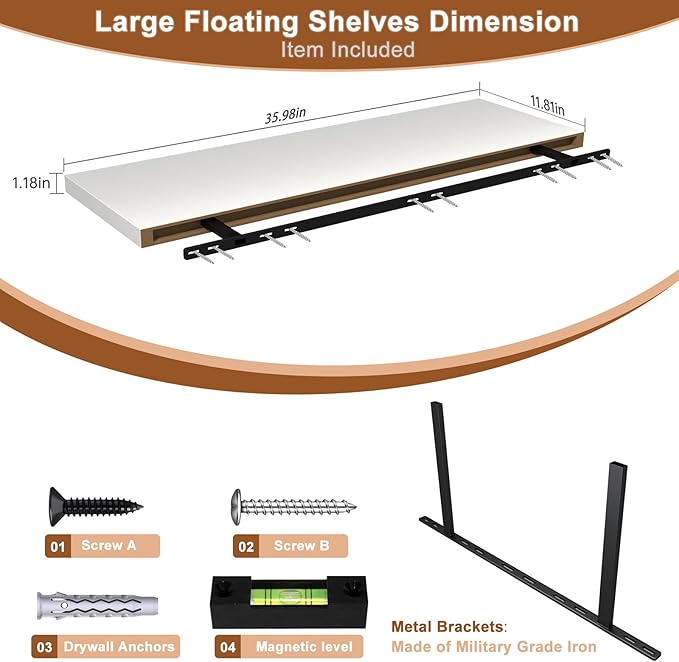 12 Inch Deep Floating Shelves, 36" W x 12" D Wood Floating Shelves for Wall, Large Storage Space Wall Mount Shelf with Invisible Brackets for Living Room Kitchen Bathroom, 1 Pack, White