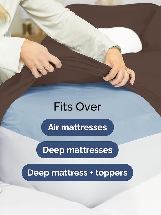 Extra Deep Split King Sheet Set - 7 Piece Breathable and Cooling Sheets - Hotel Luxury Bedding for Women, Men, Kids & Teens - Easy Secure Fit - Soft, Wrinkle Free & Comfy - Extra Deep Pockets - Brown