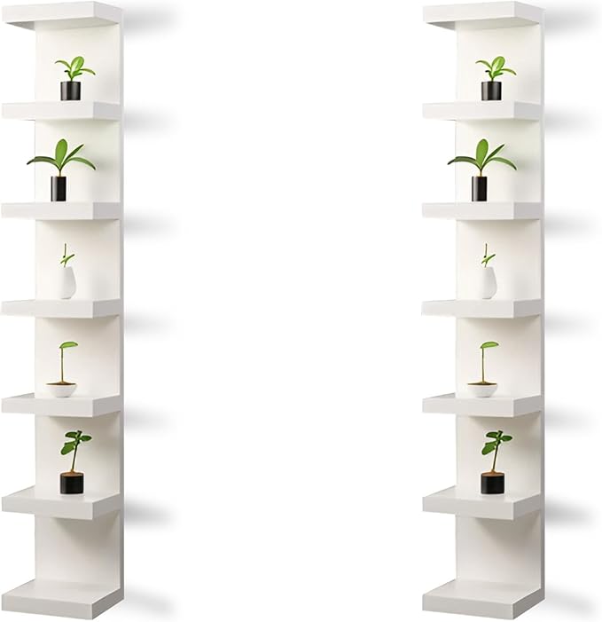 Home Stuff Wall Shelf Unit, 11 3/4x74 3/4,Use Fixing Devices Suitable for The Walls in Your Home, 7 Tier Vertical Lack Wall Shelves, Column Shelf Organizer & Storage for Bedroom(2 x White with LED)