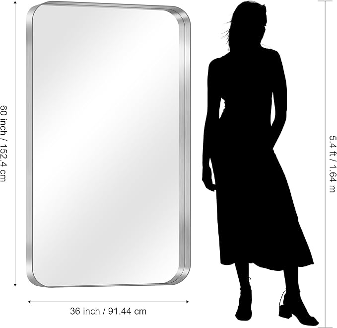 CIRCUMI Silver Bathroom Mirror, 36"x60" Rectangular Mirror with Deep Metal Frame, Rounded Corner, Tempered Glass, Large Mirror for Wall, Over 2 Sinks, Installed Vertically/Horizontally, Crystal-Clear