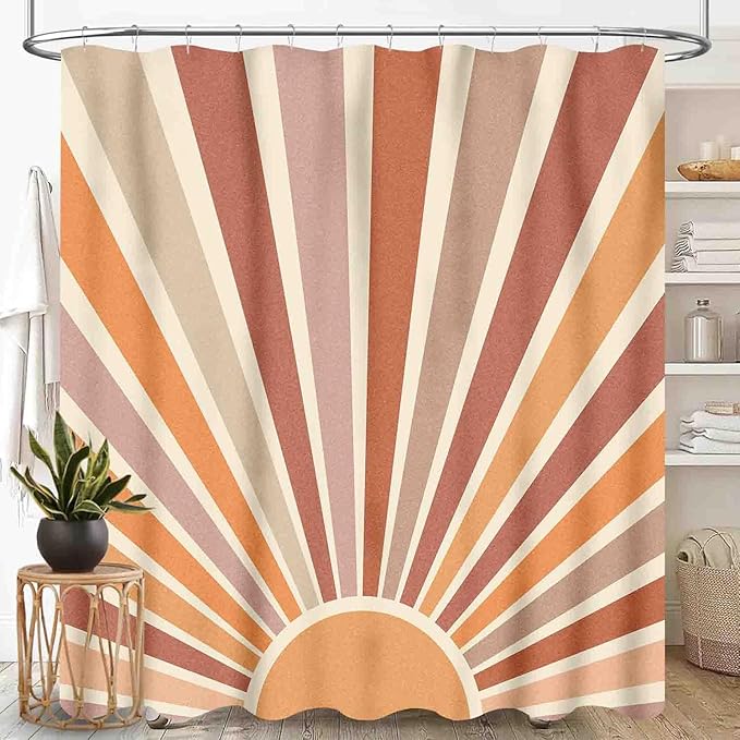 Boho Sun Shower Curtain, Mid Century Abstract Pastel Sunrise Sunset Modern Geometric Colorful Minimalist Art Print 70s Orange Waterproof Fabric Bathroom Shower Curtain Set with Hooks, 72"x78" Inch