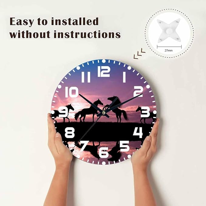 Horses Sunset Wall Clock Battery Operated Horses with Water Reflection Wall Clock Silent Non Ticking Quality Quartz 10 Inch Round Easy Clock to Read for Home Office