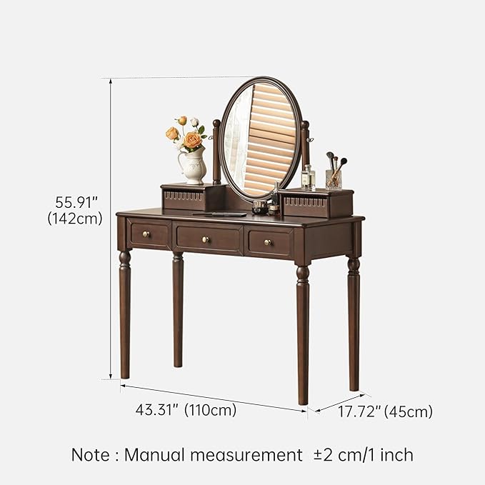 Solid Wood Vanity Desk with Mirror, Walnut Vintage Dressing Table for Bedroom, Antique Catalpa Makeup Table, 43" W x 18" D x 56" H