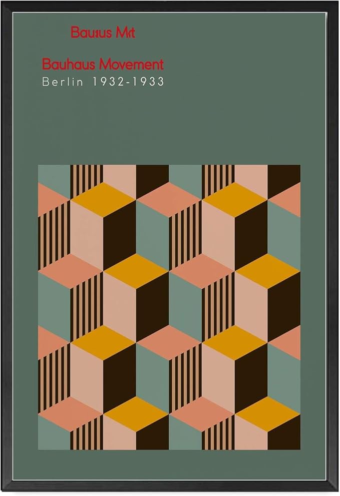 Poster Wall Art Print Bauhaus Exhibition Poster Geometric Minimalist Abstract Wall Art Print Mid Century Modern Orange Sage Green Decor Modern Home and Bedroom Decoration 8x12inch metal frame