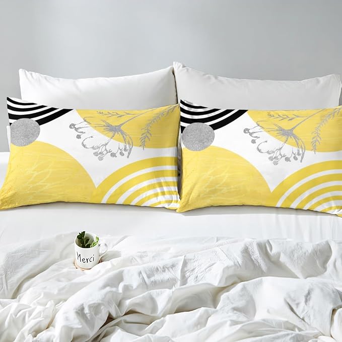 Erosebridal Boho Mid Century Duvet Cover King Size for Women Men Adults |Yellow and White Modern Comforter Cover Minimalist Geometric Bedding Set Aesthetic Modern Abstract Bed Set