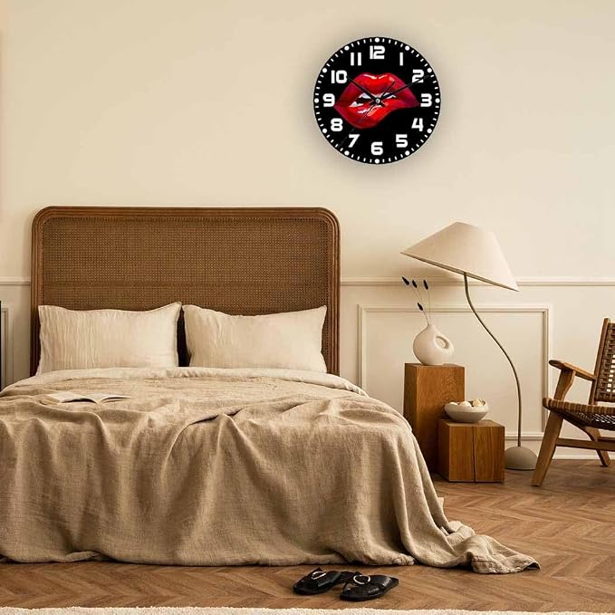 Red Lips Wall Clock Sexy Biting Lips on Black Background Battery Powered Wall Clock Silent Non Ticking 10 Inch for Living Room, Kitchen, Home,Bathroom, Bedroom