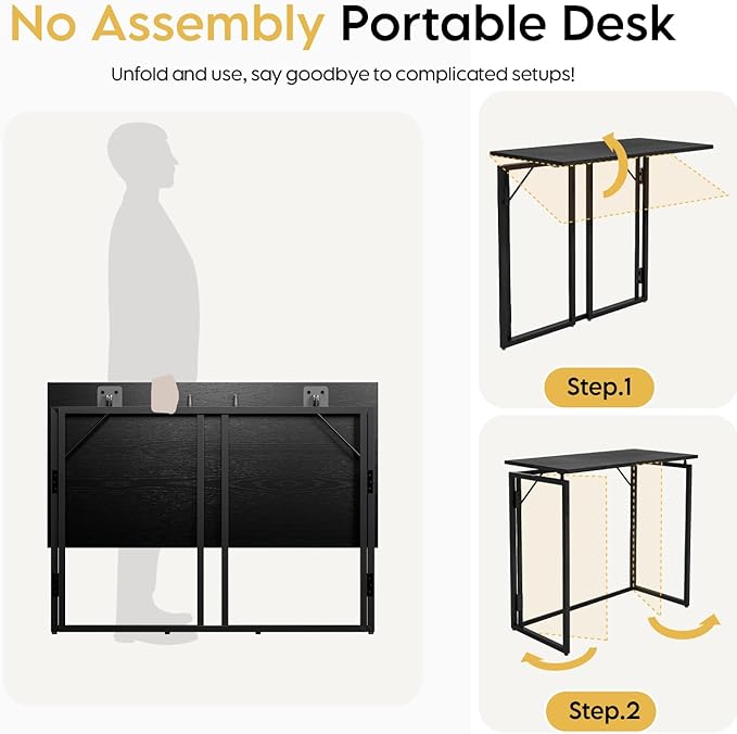alawooder Folding Desk - 39.4” Wood Top Foldable Desk for Small Spaces | No Assembly Required Compact Desk for Home Office, Writing, and Study
