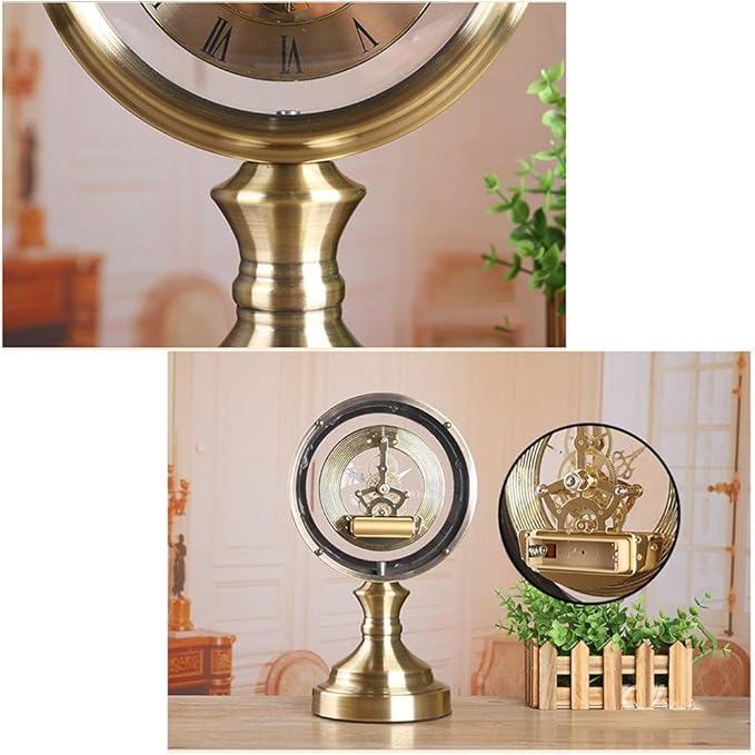 Retro Brass Desk Clock, Classic Metal Antique Clock, Silent Clockwork, Mantel Clock for Living Room, Fireplace, Office, Kitchen Mantel Clock-Metallic-Transparent Movement