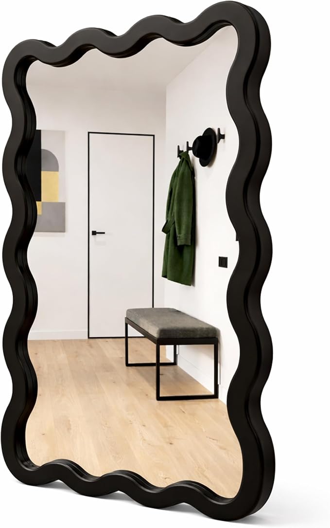 22"x30" Matte Black Wavy Wall Mirror for Powder Room & Vanity, Solid Wood Squiggle Mirror, Small Asymmetrical Irregular Mirror, Funky Aesthetic Decor, Vertical/Horizontal