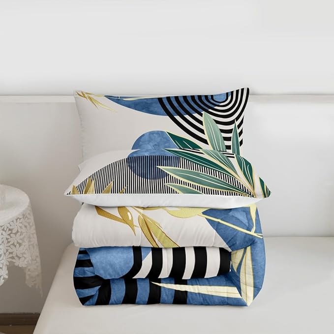 Erosebridal Mid Century Modern Comforter Set Full Modern Boho Bedding Set,Abstract Minimalist Art Down Comforter Arch Curve Leaves Aesthetic Duvet Insert,Blue Green Room Decor