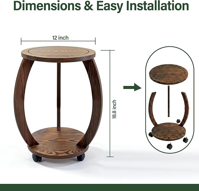 2 Tier Wooden Plant Stand Indoor with Wheels – Tall Plant Stand for 6-12 Inch Pots, Mid-Century Modern Rustic Plant Table Indoor, Pedestal Stand for Corner, Living Room, Balcony