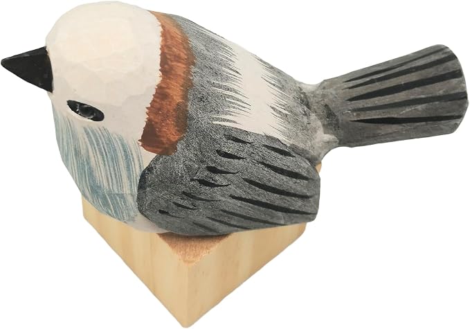 DIYOMR Bird Figurine, Hand Carved Birds Wood Décor, Art Animal Wooden Sculpted Bird with Wood Block, Vivid Bird Statue for Gift Home Table Ornament Decor (Long-Tailed Tit)