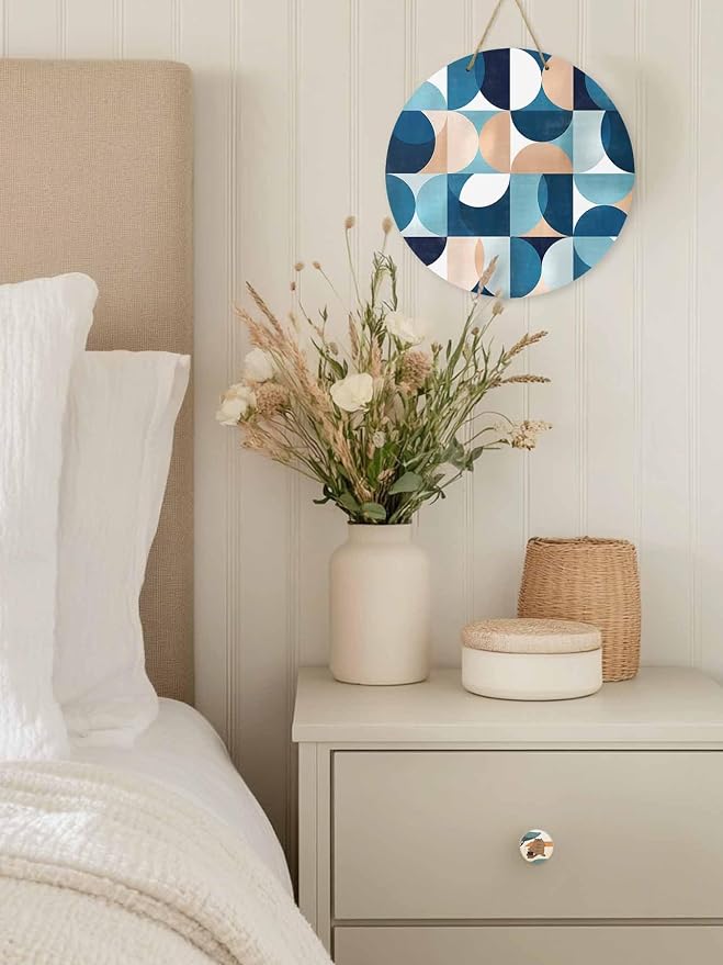 Welcome Sign for Front Door Mid Century Geometric Wood Door Hanger for Outdoor Outside Porch,12 Inch Round Wooden Wreath Indoor Wall Hanging Decoration, Abstract Modern Blue