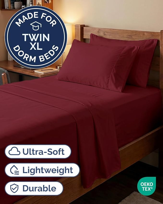 Extra Deep Twin XL Sheet Set - 4 Piece College Dorm Bed Sheets Set with Extra Deep Pockets - Ultra-Soft, Comfy & Breathable Bedding for Women, Men, Kids & Teens - Wrinkle & Fade Resistant - Burgundy
