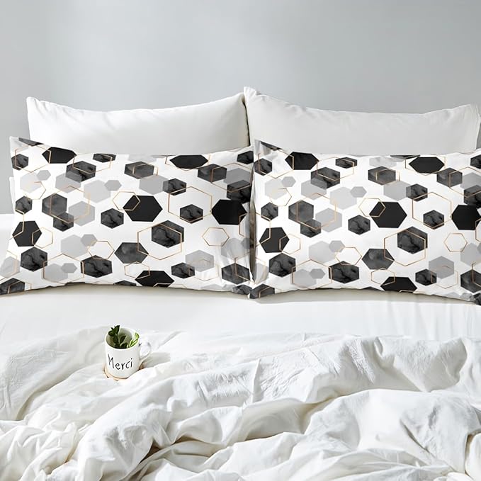 Erosebridal Black and Grey Duvet Cover for Bedroom - Marbling Geometric Art Kids Bedding, Minimalist Abstract Golden Striped Bed Sets for Home Decor, Full 3 Pieces (No Comforter)