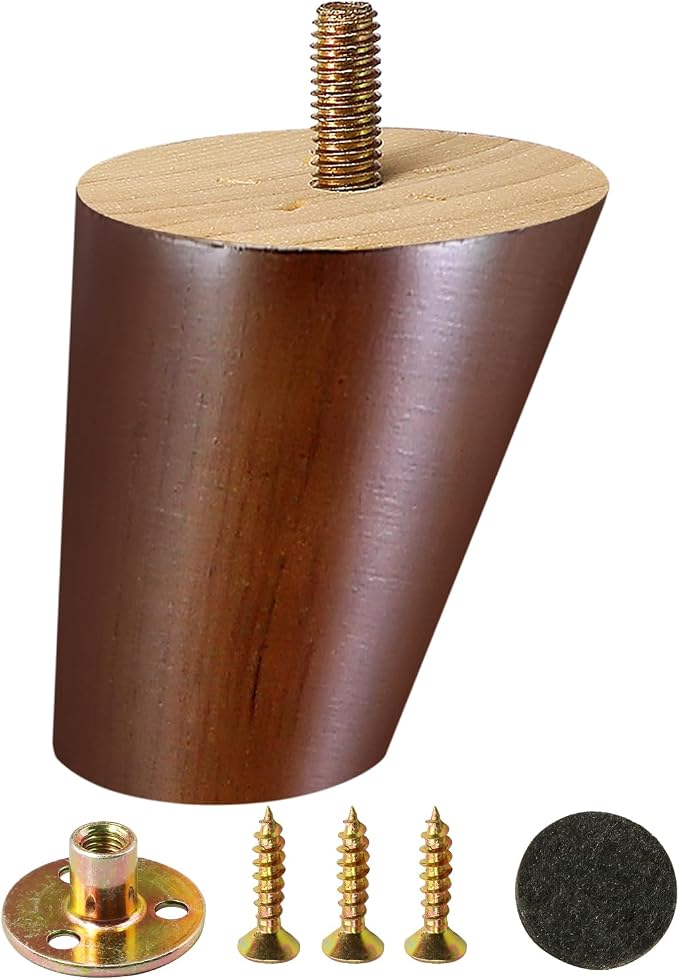 FoDau770 Brown Rubber Wood Furniture Legs 4 Inches, 5/16" UNC Slant Tapered Wood Feet Mid Century Sofa Legs, Wooden Furniture Feet Replacement Parts for Cabinet Couch Dresser Chair Ottoman Table