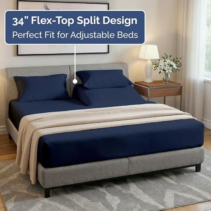 Flex Top Split Head King 4 Piece Sheet Set - Soft, Breathable & Cooling Bed Sheets Set - Hotel Luxury Bedding for Women & Men with Deep Pockets - Wrinkle Free & Fade Resistant - Oeko-Tex - Navy Blue