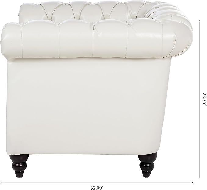 LEVNARY Leather Upholstered Armchair, Mid-Century Modern Single Sofa Chair with Rolled Arms and Nailhead, Tufted Pu Leather Chesterfield Chair for Home Bedroom Reading Room (Cream White)