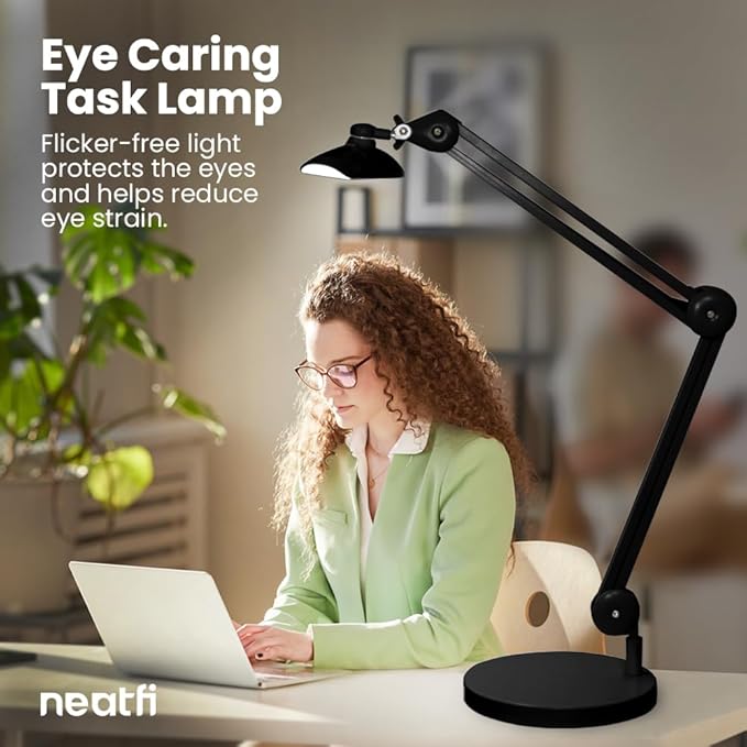 Neatfi XL Nail Desk Lamp with Clamp, 2200 Lumens, 20-Inch Wide Head, Dimmable 4 Levels, 6500K, LED Task Light for Manicure Table, Crafts, Workbench, Office (Non-CCT with Base, Black)