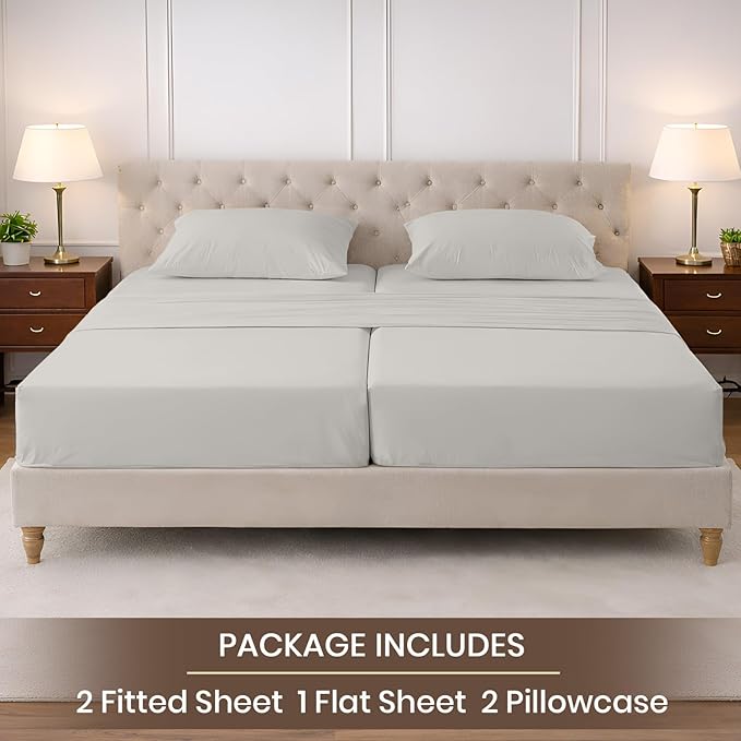 SGI Split King Sheet Set for Adjustable Bed Egyptian Premium Cotton 600 Thread Count Sheets for Sleep Number Bed 15" Deep Pocket 5 Pc Set with 2 Twin XL Fitted Sheets Soft Breathable -Light Grey