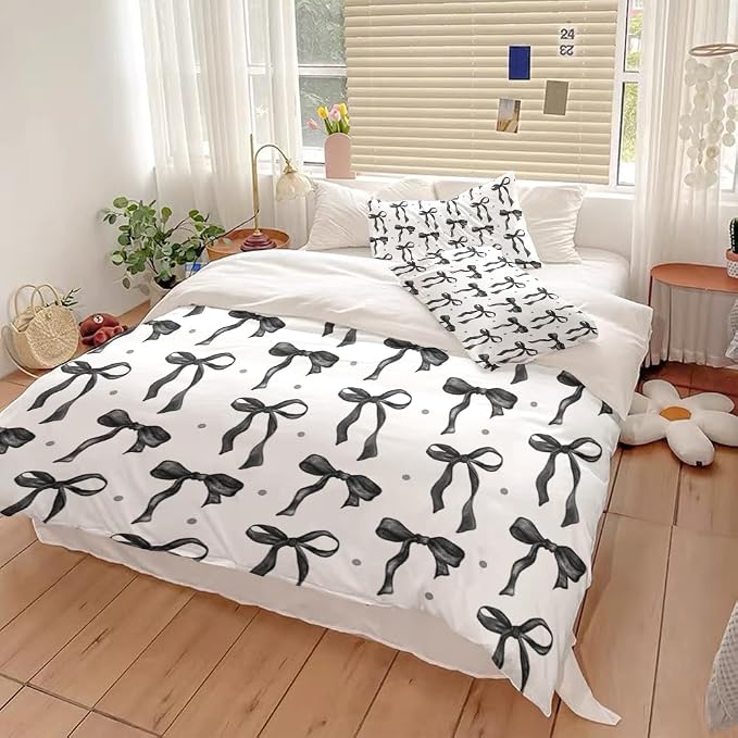 Black and White Bows Bedding Duvet Cover Set with Pillowcases 3Pcs Trendy Funky Preppy Bedding Bedcovers Coquette Dorms Bedroom Room Decor for Girl Lady Black Halloween Duvet Cover 68"x88"