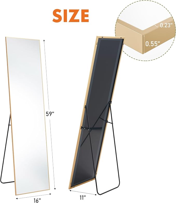 OLIXIS Full Length Mirror 59"x16.3" for Bedroom, Full Body Mirror with Stand, Hanging or Leaning for Wall, Aluminum Alloy Thin Frame Floor Standing for Living Room, Long, Gold