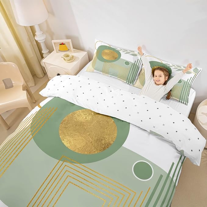 Erosebridal Green Abstract Boho Duvet Cover King Size Mid Century Modern Comforter Cover Minimalist Aesthetic Neutral Bedding Set Botanical Leaves Simple Bed Set