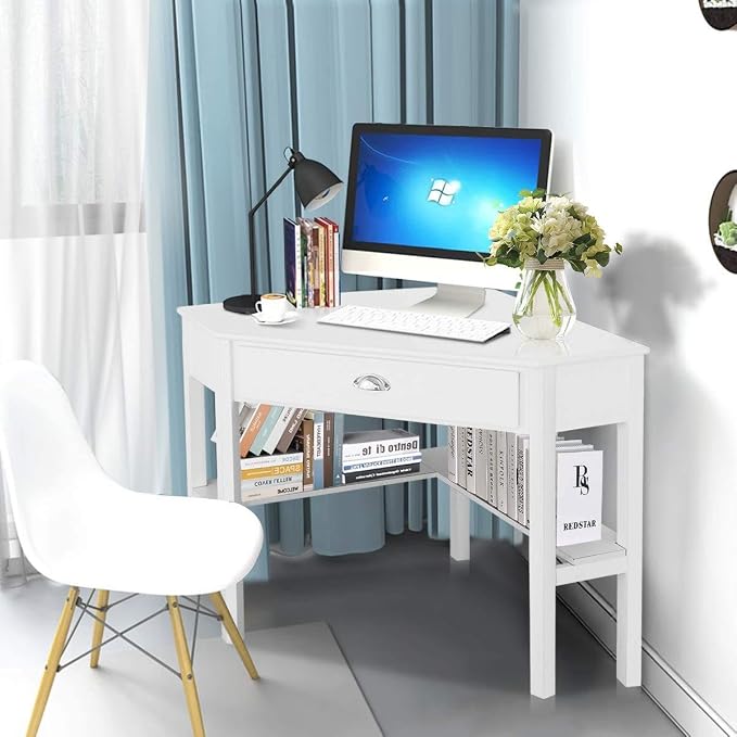 Nightcore Corner Desk for Small Space, Wood Corner Computer Desk, Compact Writing Table w/Drawer & Storage Shelves, Space Saving Study Workstation, Laptop PC Corner Table for Home Office