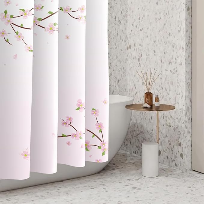 Cherry Blossom Shower Curtain Japan Pink Floral Landscape Shower Curtains for Girly Woman Bathroom Decor Accessories Waterproof Polyester Fabric with Hooks, 48 x 72 Inch