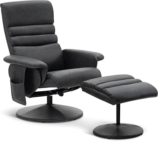 MCombo Recliner with Ottoman, Reclining Chair with Massage, 360 Swivel Living Room Chair Faux Leather, 7902 (Dark Grey)