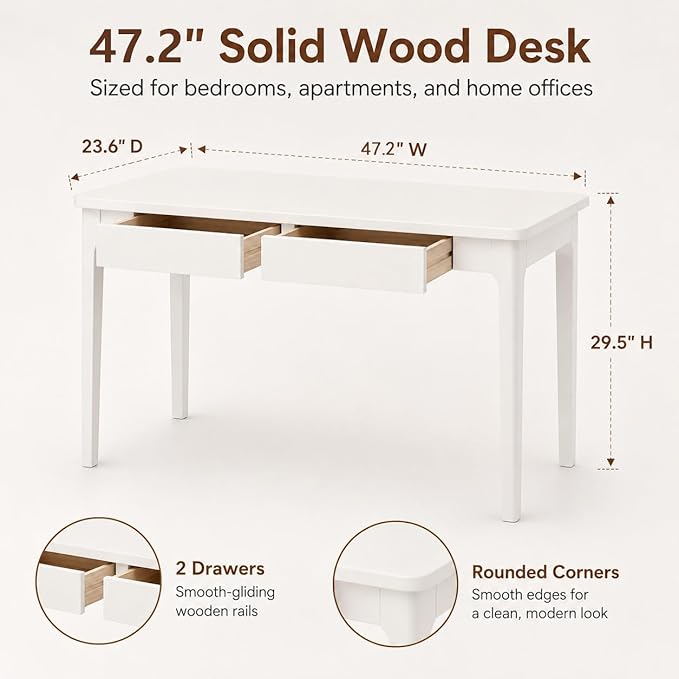 Mid Century Modern Desk with Drawers,47.2 inch Solid Wood White Writing Desk for Home Office Bedroom,Small Computer Desk for Spaces Easy Assembly