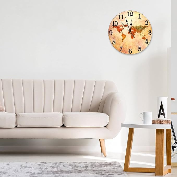 World Map Wall Clock Battery Operated Silent Round Clock Retro Wall Decor for Home, Office, School 9.8 Inch