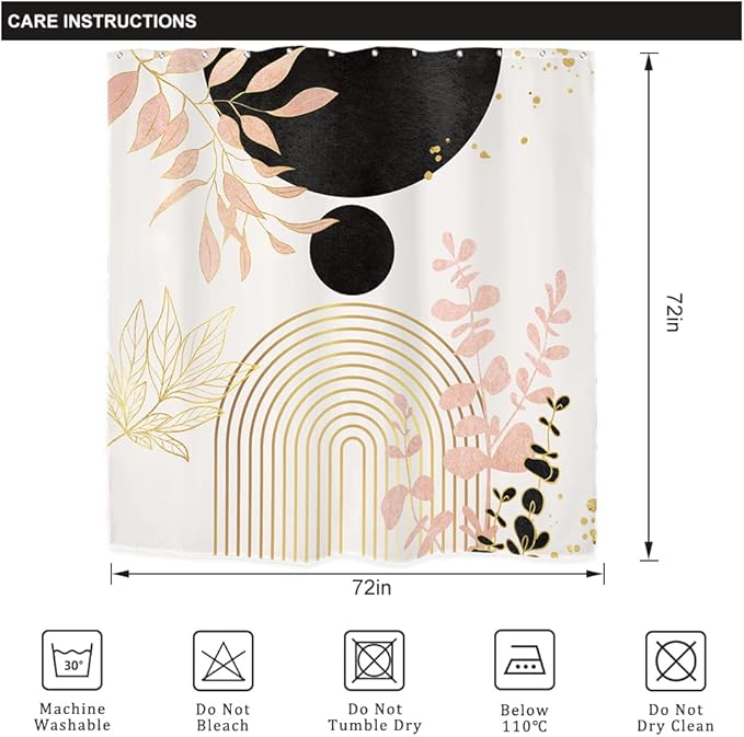 Riyidecor Black and Pink Mid Century Boho Shower Curtain for Bathroom Decor 72Wx72H Bohemian Modern Arch Leaves Plants Gold Eucalyptus Art Printed Fabric Polyester Waterproof 12 Pack Plastic Hooks