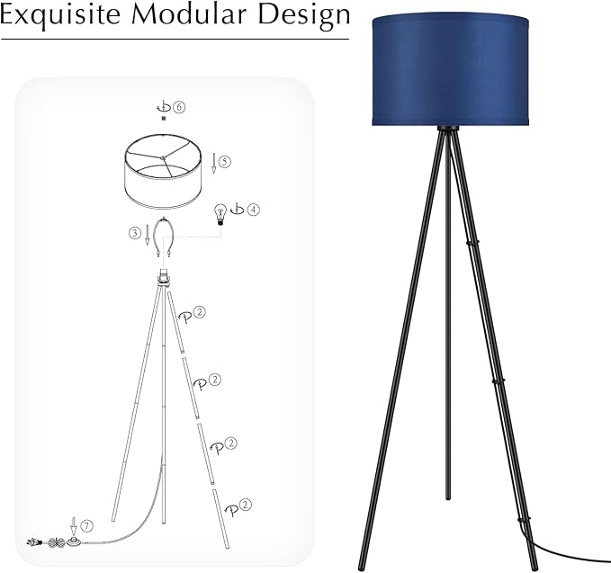 BoostArea Floor Lamp for Living Room, Tripod Floor Lamp, Blue Linen Lamp Shade, Blub Not Included, Mid Century Standing Lamp for Living Room, Bedroom, Study Room and Office