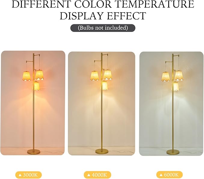 Boho Rattan Floor Lamp, 3-Lights Tree Tall Standing Lamp with Flower Shades Antique Brass Brush Paint Finish for Dining Room, Living Room, Bedroom