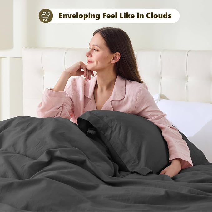 FALUCA French Linen Blend Duvet Cover Set 3Pcs King (104"x92") - Soft, Breathable, Cooling Farmhouse Bedding for Hot Sleeper (King, Dark Grey)