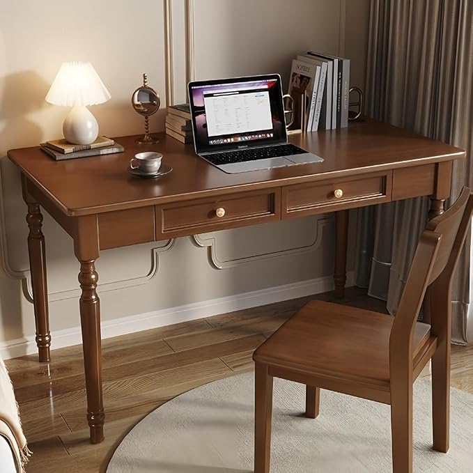 Computer Desk with 2 Drawers Mid-Century Modern Wooden Writing Desk Vintage Vanity Table Study Work Table for Office Heavy Duty(Brown,100cm)